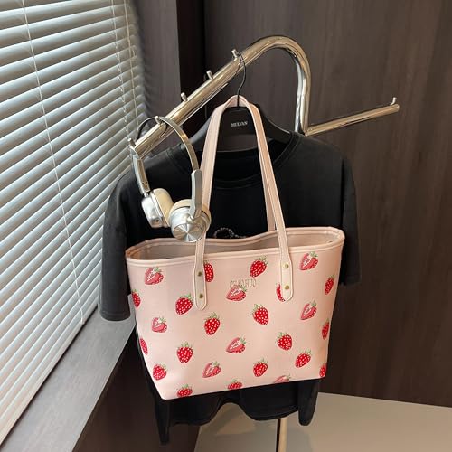 Image of hibear Cherry Print Tote Bag for Women Bow Shoulder Handbag Trendy Faux Leather Top-Handle Bag with Cherry Accessories