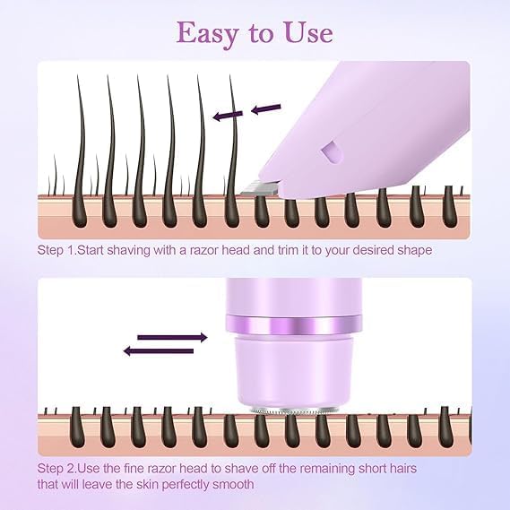2-in-1 Electric Shaver for Women, Dual-Head Bikini Trimmer and Facial Razor, Rechargeable, Pain-Free Hair Removal, Pink, Purple & Blue (Purple) image 5
