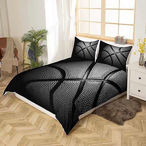 3D Black Basketball Pattern Boys Bedding Duvet Cover Set King Size, Sports Games Comforter Cover For Kids Teen Young Man Adult Bedroom Decorative, Soft Luxury Microfiber Quilt Cover With Zipper #TOP1
