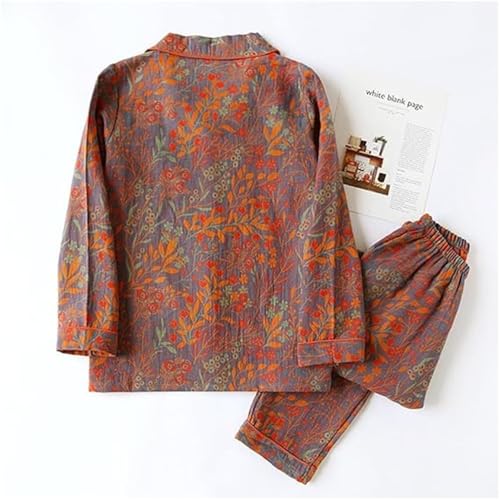Image of Vintage Leaf Cotton Lapel Loungewear Set, Ginkgo Leaf Button Colorful Floral Pure Pajama, Women's Fashion Sleepwear