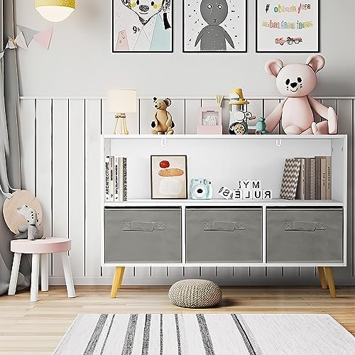 AWQM Kids Bookshelf with 3 Drawers, Toy Storage Organizer, Multi-Functional Cabinet Organizer for Playroom, Nursery and Bedroom, Gray