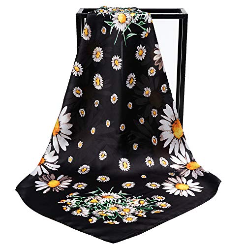 27'' Silk Like Neck Scarf Satin Head Wrap Square Hair Scarf Fashion Daisy Scarfs for Women Black 27'' Silk Like Neck Scarf Satin Head Wrap Square Hair Scarf Fashion Daisy Scarfs for Women Black