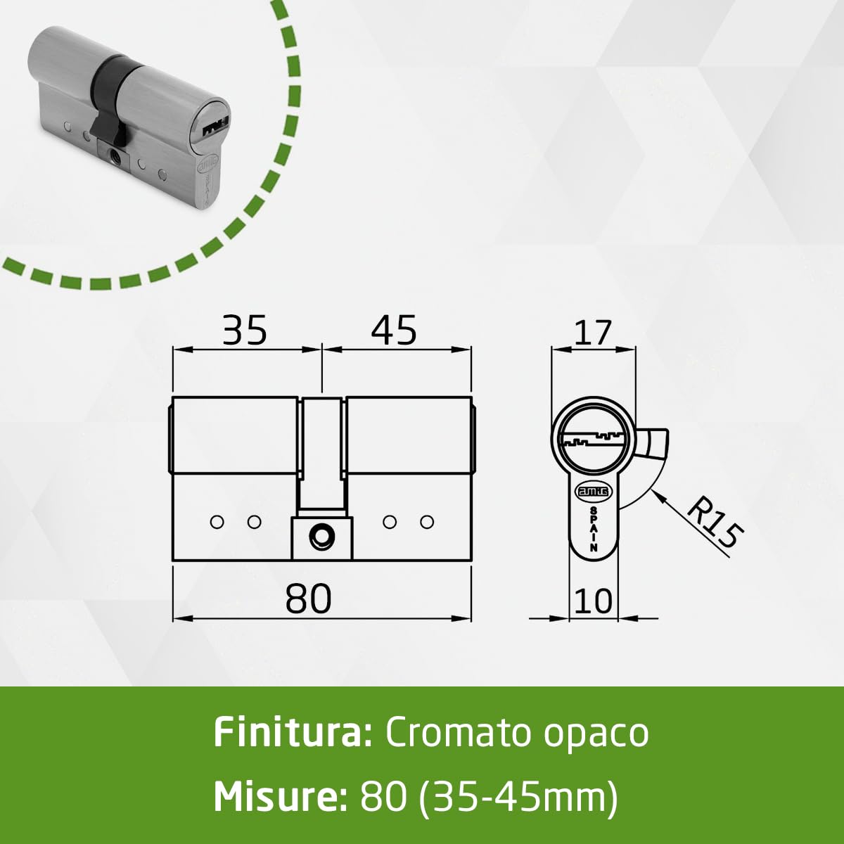 Amig - Cilindro di sicurezza - Serratura per porte in Legno - Antigrimaldello e Antibumping - Cilindro Antiestrazione e Antirottura - Include 5 chiavi - Argento opaco - Misure: 80 (35-45) mm