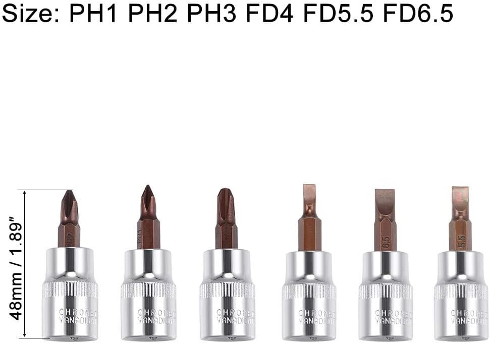 6個 3/8インチドライブ x PH1-PH3、FD4-FD6.5 フィリップスビットソケット、プレミアムS2スチールキーソケット、