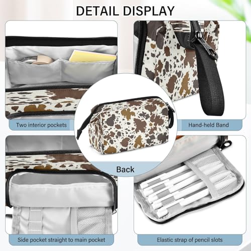 Image of Portable Pencil Case Pen Bag with Zipper, Cow Print Skin Brown Large Pencil Pouch Pen Case Stationery Bag for Office School Student, Multifunctional Pen Box for Girl Boy Men Women
