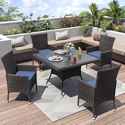 ALAULM 5 Piece Patio Dining Set All-Weather Wicker Outdoor Patio Furniture Set w/Tempered Glass Tabletop, Removable Cushions and Umbrella Hole for Patio, Backyard, Garden, Poolside?Dark Blue?