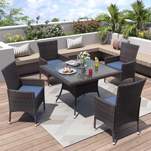 ALAULM 5 Piece Patio Dining Set All-Weather Wicker Outdoor Furniture Set w/Tempered Glass Tabletop, Removable Cushions and Umbrella Hole for Patio, Backyard, Garden, Poolside(Navy)