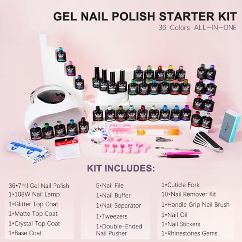 LKEE Gel Nail Polish Set with 108W U V Lamp - 65Pcs Nail Kits for Starter,36 Vibrant, Shimmering, and Matte Colors Gel Nail Polish with Base Coat and Top Coat, Nail Art Gifts for Beginners - Image 6
