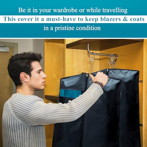 Image of Men's Coat & Blazer Cover | Fold-Over Rexin Garment Bag | Durable, Dustproof, Moisture-Proof Protector for Suits, Jackets & Formal Wear | Black | Set of 3 | Height-36 inch