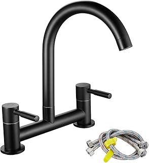 Maynosi Black Kitchen Sink Mixer Tap, Dual Lever Bridge Kitchen Mixer Taps, 2 Hole Kitchen Faucet, 180 mm Centers Deck Mounted, 1/4 Turn, 360° Swivel Spout, Brass, Include Flexible Hoses, Matte Black