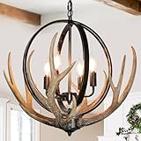 Debemenes Antler Chandelier 4 Lights, 20' Rustic Farmhouse Chandelier with Resin 4 Antlers and Retro Metal Globe Chandeliers Vintage Style for Dining Room, Kitchen, Entryway, Living Room