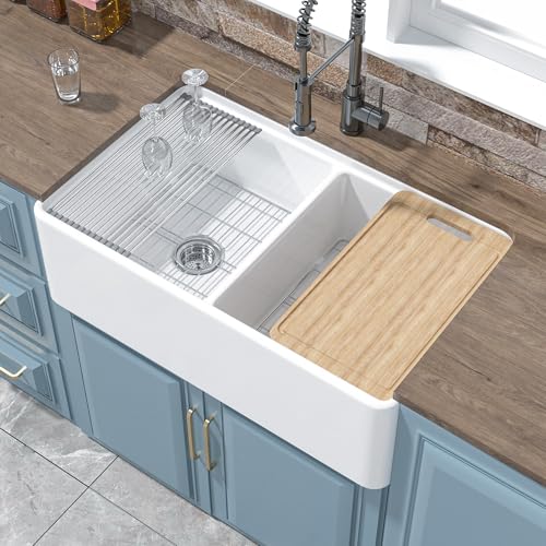HOMLYLINK Double Bowl Farmhouse Sink Workstation White 33 x 20 Inch, Firecaly Apron Front Undermount...