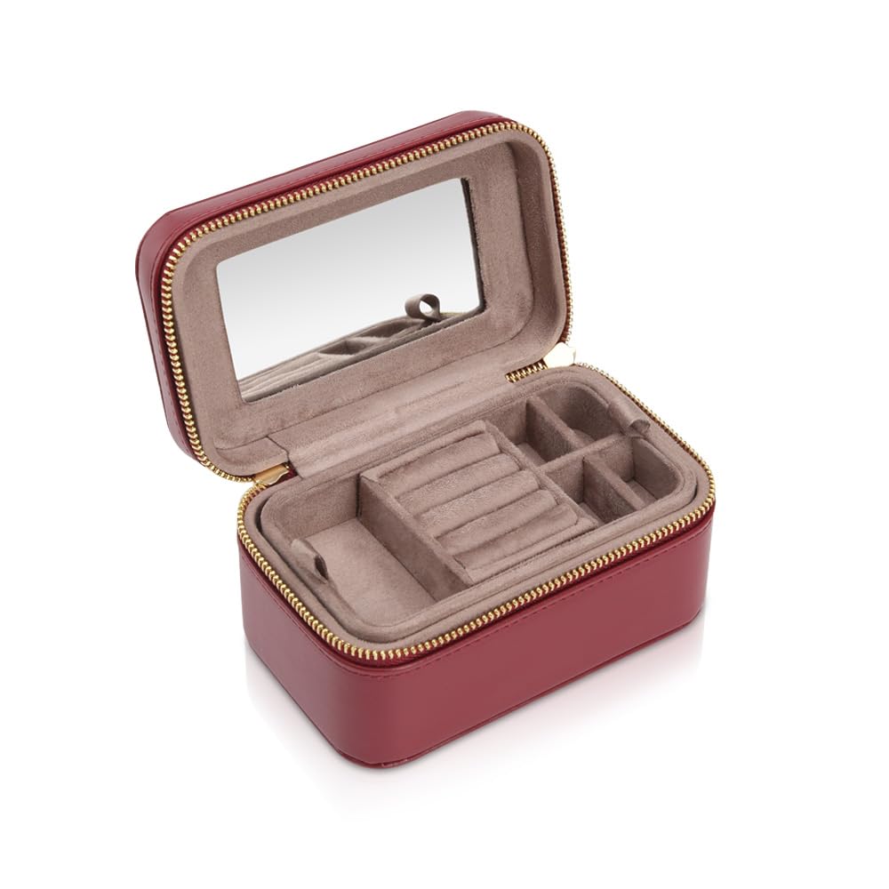 MODALO JUNIA Joyero y joyero pequeño, caja de joyería de viaje y organizador, piel sintética, elegante regalo para mujeres, organizador de anillos de cadena y pendientes (burdeos)