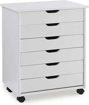 Linon Cary White Wash Roll Cart - Mobile Storage Organizer- 6 Drawer 20.75" W