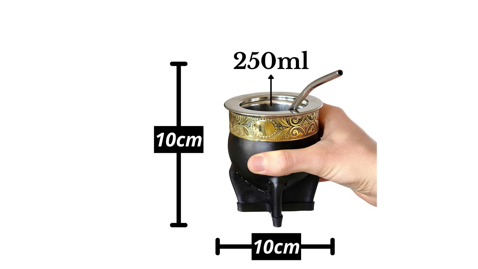 Taza Mate Imperial Argentino Premium - Hecho de Acero Inoxidable Térmico - Exterior Cuero Negro con Bronce - Incluye Bombilla de Regalo. (Estilo 2)