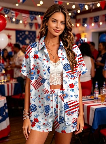 Image of Women 4th of July Outfit 2 Piece Set Short Sleeve Button Down Shirt and Shorts American Flag USA 250th Anniversary