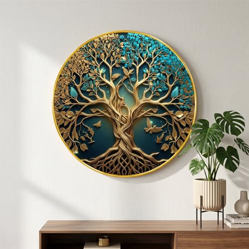 Image of SAF Tree of Life Wall Painting with Birds Golden PVC Frame Round Luxury Nature Art Modern Decorative Wall Decor for Living Room Bedroom Office Home Elegant Gift Item (20 x 20 Inch) GRL-363