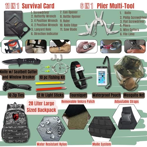 Complete Survival Kit and First Aid Kit | Tactical Backpack with Survival Gear | Bug Out Bag | Fire Starter, Tent, Emergency Camping Essentials | Outdoor Gift | - Image 6