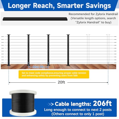 Zylorix 36\" 12–20FT Swageless Black Cable Railing System Post Kit with 4 Level Posts, Patent Reusable Cable Railing Kit, T304 Stainless Steel, Upgraded Powder Coated for Outdoor Decks