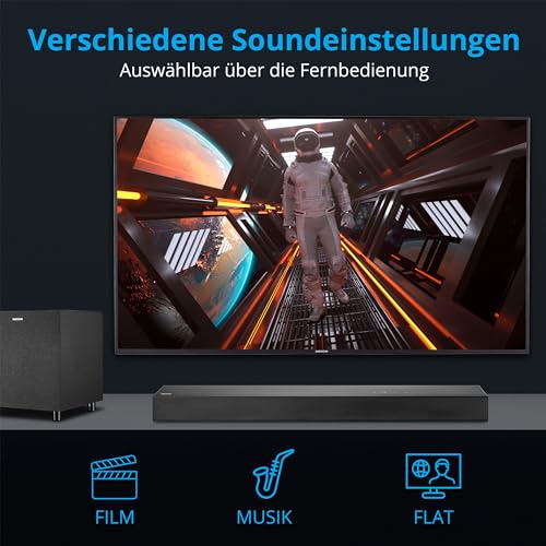 MEDION S61022 3.1 Dolby Atmos Soundbar mit kabellosen Subwoofer (für TV Geräte, Bluetooth 5.3, HDMI eARC CEC, optischer Eingang, AUX, 3 x 20 W + 60 W (RMS) Subwoofer kabellos, Fernbedienung – Bild 7