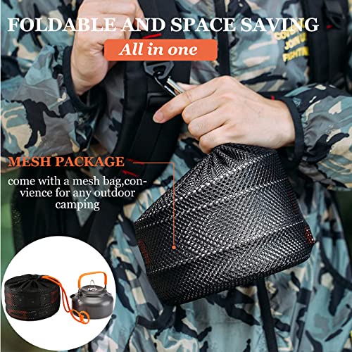 Outdoor Aluminum Camping Cookware Mess Kit, Folding Cookset with Teapot and Pan, Non Stick Lightweight Pots and Pans, Mesh Storage Bag for Backpacking, Outdoor Cooking and Picnic, Orange - Image 4