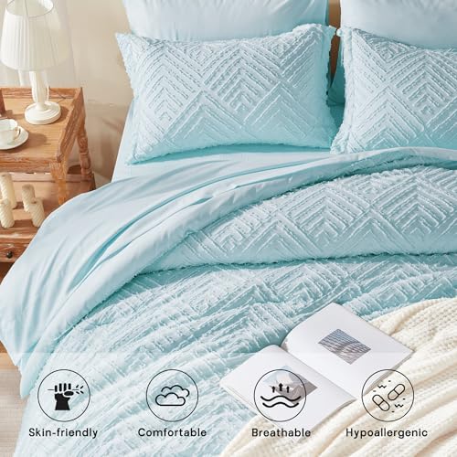 Image of Zzlpp Full Comforter Set 7 Pieces, Light Blue Tufted Bed in a Bag with Comforter and Sheets, All Season Boho Bedding Sets with Comforter, 2 Pillow Shams, 2 Pillowcases, 1 Flat Sheet, 1 Fitted Sheet