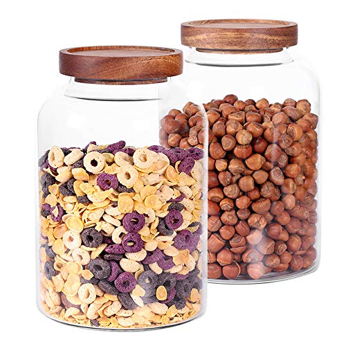 Leaves And Trees Y Thicken Glass Storage Jar, Food Storage Container/Canisters With Airtight Wooden Lid For Tea, Coffee, Honey, Cacao Powder,Bpa Free Perfect As A Cereal Dispenser (7.6Inch 2Pcs) #TOP6
