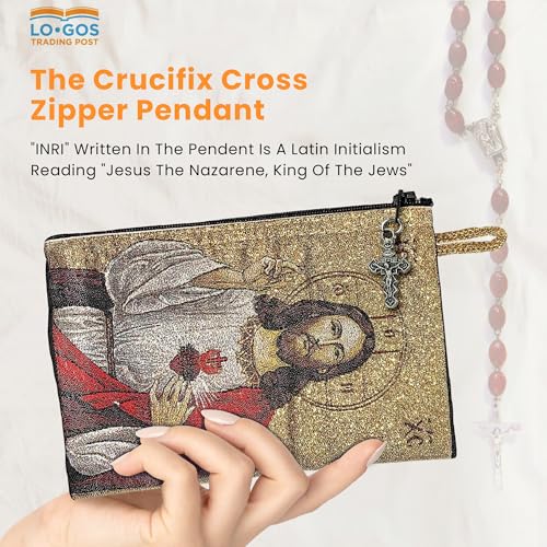 Image of TREE OF LIFE REV. 22:14 Catholic Rosary Pouch, 4 inch x 6 inch Jewelry & Coin Purse with Cross, Small Woven Tapestry Icon Bag, Bolsa de Rosario Catolico para Joyeria, Sacred Heart of Jesus & The Lord's