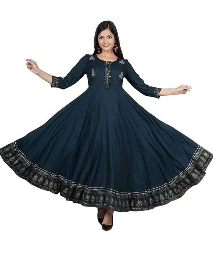 Image of Women's Rayon Golden Flroal Printed Anarkali Kurti