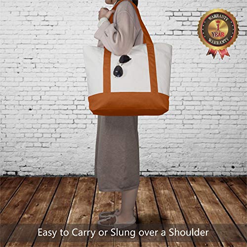 Image of TOPDesign 1-Pack Canvas Tote Bag with an External Pocket, Reusable Grocery Shopping Bag, Top Zipper Closure, Daily Essentials (Orange /Natural)