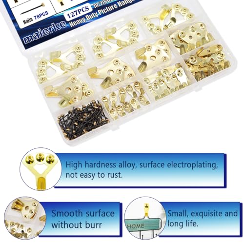Image of 127 PCS Picture Hanging Kit,Picture Hangers Heavy Duty Picture Hanging Hooks with Nails on Wooden&Drywall,Holds 10-100 lbs for Photo Frame,Canvas,Clock, House Decoration(6 Types)