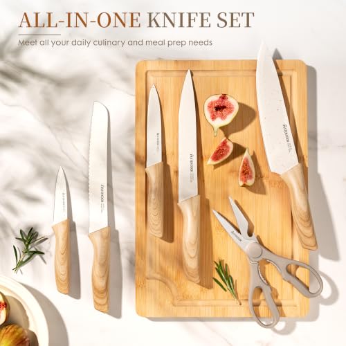 Image of Astercook Knife Set, 13 Pieces Kitchen Knives Set with Ceramic Coating, Stainless Steel Chef Knife Sets with 6 Blade Guards, Dishwasher Safe Knives with Wood Grain Handle, Elegant White