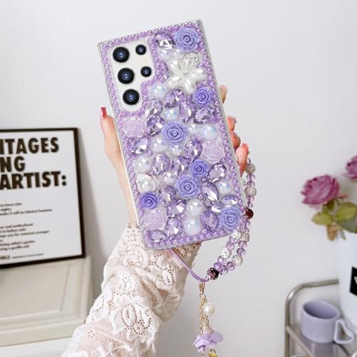 Image of Changjia for Samsung Galaxy S24 Ultra Glitter Bling Case,Cute Luxury 3D Sparkle Crystal Rhinestone Flower Diamond Pearl with Lanyard Wrist Strap Women Girls Case for Galaxy S24 Ultra 6.8 Inch (Purple)