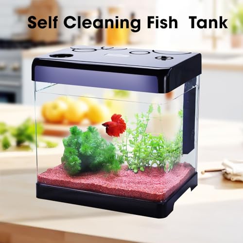 Image of Betta Fish Tank Starter Kits, 5 Gallon Fish Tank with Heater Filter and Light, Self-Cleaning Small Fish Tank(Black).