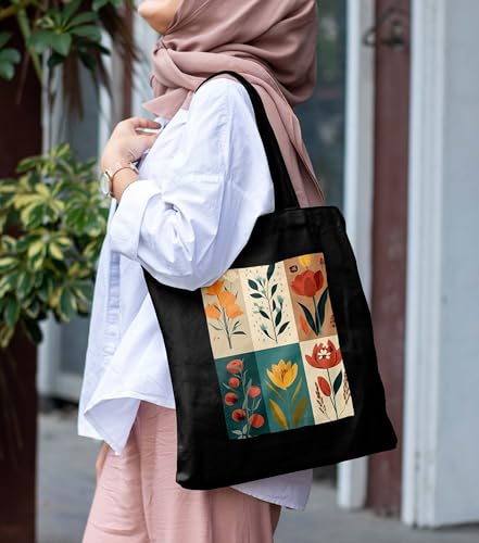 Image of ZORI Black Tote Bag With Pocket Printed Designed Canvas Tote Bags For Women large capacity,Tote bag For Shopping, College, Travel, More Canvas Handbag For Unisex Bag