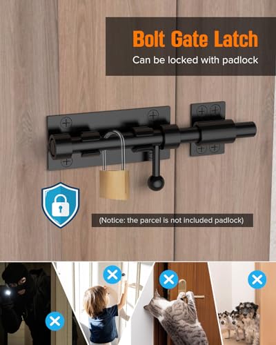 Image of Barrel Bolt Latch, 6 inch Shed Door Latch, Heavy Duty Slide Bolt Gate Latch, Hardware Gate Drop Rod Bolt Lock for Barn Door, Wooden Fence, Courtyard, Backyard, Outdoor (Black - 4pcs)