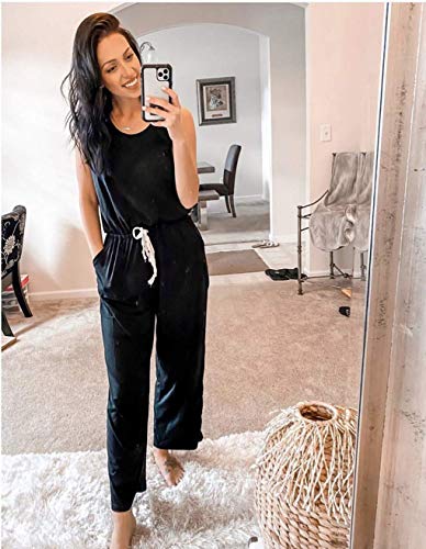 PRETTYGARDEN Women's Casual Sleeveless Solid Jumpsuit Crewneck Drawstring Waist Stretchy Long Pants Romper - Image 6