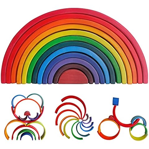 SHIERDU Wooden Rainbow Stacking Toy, 12-Piece Wooden Building Block Set, Wooden Building Block Nesting Puzzle, Early Childhood Matching Education and Learning Montessori Toys 3 4 5 6 Years Old Cover