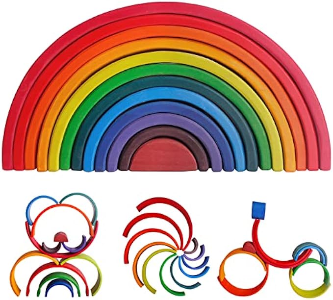 Wooden Rainbow Stacking Toy, 12-Piece Wooden Building Block Set, Wooden Building Block Nesting Puzzle, Early Childhood Matching Education and Learning Montessori Toys 3 4 5 6 Years Old and Above