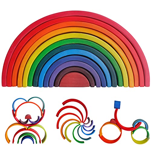 Image of SHIERDU Wooden Rainbow Stacking Toy, 12-Piece Wooden Building Block Set, Wooden Building Block Nesting Puzzle, Early Childhood Matching Education and Learning Montessori Toys 3 4 5 6 Years Old