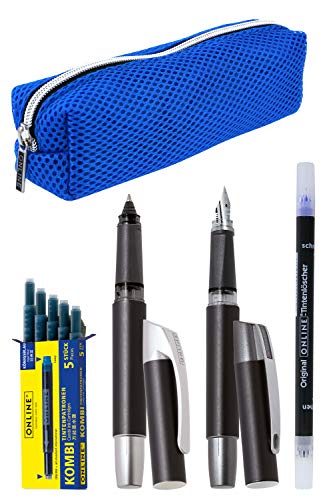 Online Schrijfset voor jongens, inclusief pennen voor rechtshandigen, set voor school met inktvuller, rollerbalpen, combi-inktpatronen en inktvloeier, kleur virtual