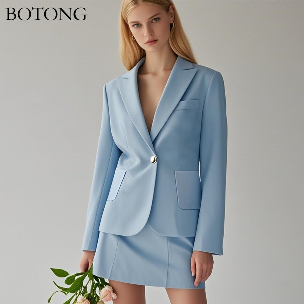 Ensemble 2 pièces pour femme avec jupe à un bouton et revers cranté, poche plaquée, tenue décontractée, blazer et jupe