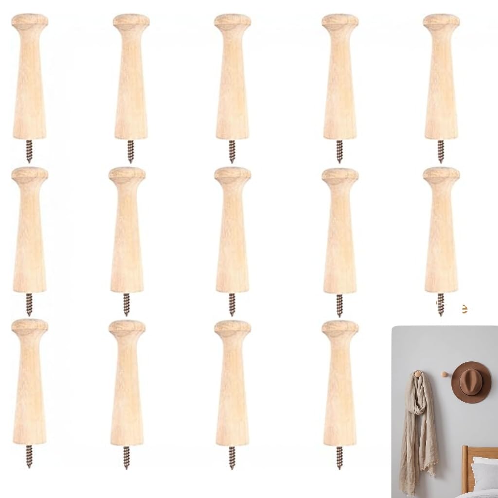 YDAKGUEY Wooden Shaker Peg, 14 Pcs Screw-on Shaker Pegs, 3.2 Inch Solid Wooden Hooks for Hanging Clothes Hats Keys Bags Coats Towel Hook(Wood Color)
