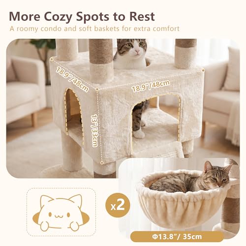 Image of Heybly Cat Tree, 82.7″ Extra Tall Cat Tower for Large Cats Adult HCT063MJ | Giant Cat Condo with Multi-Level Platforms, 2 Baskets, Spacious Cat Cave, Wide Sisal Scratching Board, Beige