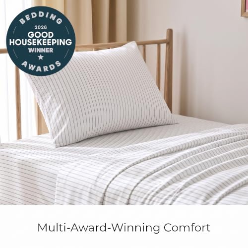 Image of Mellanni Twin Sheets Set - 3 PC Iconic Collection Bedding | Hotel Luxury, Extra Soft, Cooling Bed Sheets - Wrinkle, Fade, Stain Resistant (Twin, Pinstripe Gray)