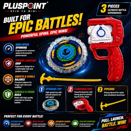 Image of PLUSPOINT Battling Top Burst Launcher Grip Toy Blade Set Gyros Blades Battling Tops Metal Fusion Starter Set with Launchers Gift Toys for Boys Kids Children Age 6+