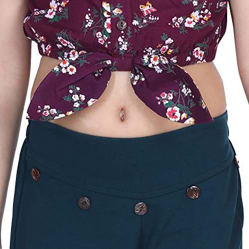 Image of LILPICKS Girls' Cotton Knot Floral Top with Polyester Stretchable Pant Set (Wine & Teal Green)