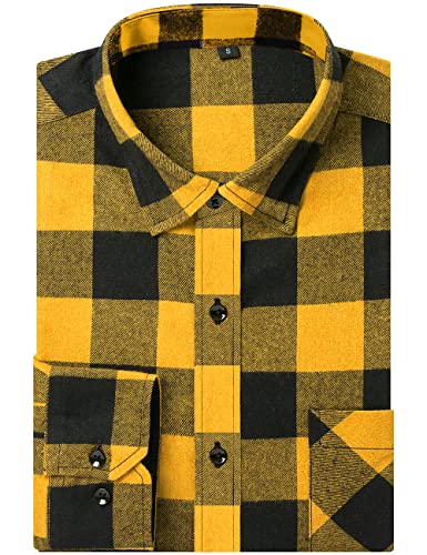 DOKKIA Men's Casual Dress Long Sleeve Buffalo Plaid Checkered Fitted Flannel Shirt (X-Large, Buffalo Yellow Black)