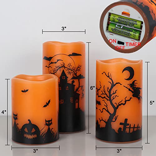 Image of Halloween Flameless Candles with 6-Hour Timer, Battery Operated Orange LED Pillar Candles Flickering Real Wax, Witch, Bats, Castle Decals Set of 3 for Halloween Decorations, D3 inchx H4 inch 5 inch 6 inch