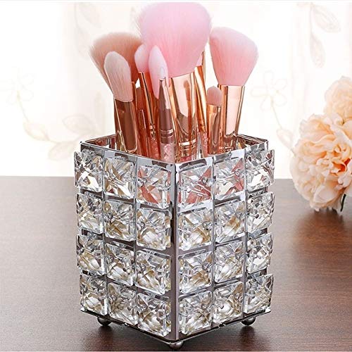 Household Finishing Supplies Metal Crystal Square Makeup Brush Storage Box Pen Storage Bucket (Silver) (Color : Silver)
